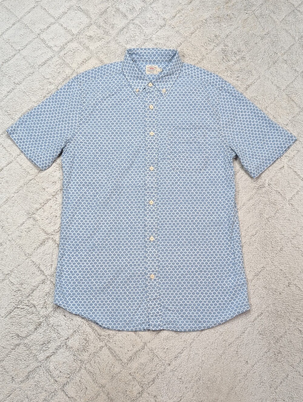 Faherty Shirt Mens M Tall Blue Batik Fish Scale SS Stretch Playa Button Up